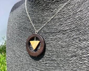 Walnut Wood Necklace with Yellow Jasper Down Pointing Triangle Bead, Handmade Wood Jewelry
