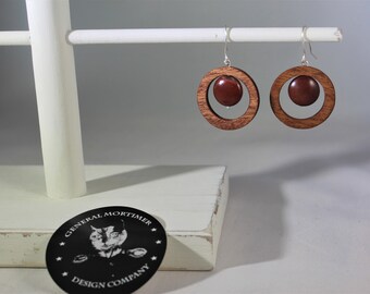 African Mahogany Wood Earrings with Tiger Iron Bead, Handmade Wood Jewelry