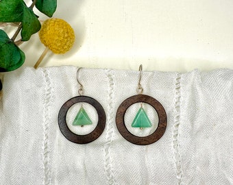Walnut Wood Earrings with Green Aventurine Triangle, Handmade Wood Jewelry