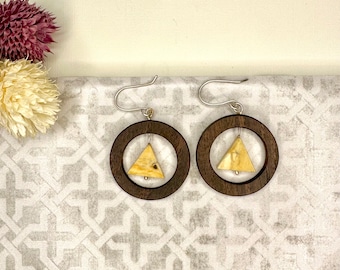 Walnut Wood Earrings with Yellow Jasper Triangle Bead, Handmade Wood Jewelry