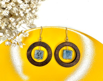 Walnut Wood Earrings with Kyanite Square Beads, Handmade Wood Jewelry