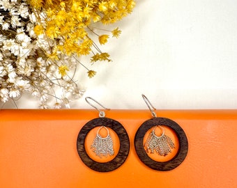 Walnut Wood Earrings: Sterling Silver Boho Dangle Earrings