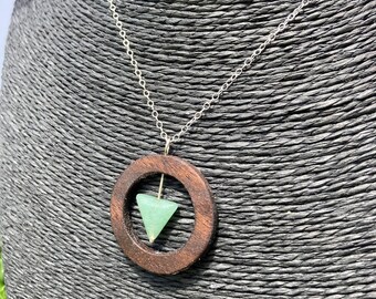 Walnut Wood Necklace with Green Aventurine Down Pointing Triangle Bead, Handmade Wood Jewelry
