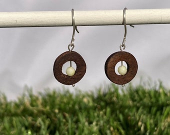 Walnut Wood Earrings with Faceted Lemon Jade Bead, Handmade Wood Jewelry