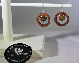 African Mahogany Wood Earrings with Tiger Iron Bead, Handmade Wood Jewelry
