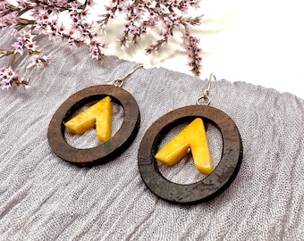 Walnut Wood Earrings with Yellow Jade Caret Bead, Handmade Wood Jewelry