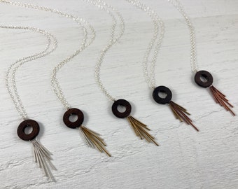 Walnut Wood Necklace: Sterling Silver Feathered Dangle, Handmade Jewelry