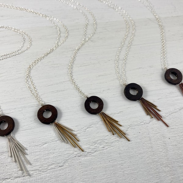 Walnut Wood Necklace, Boho Wood and Silver/Brass/Copper Dangle Necklace, Handmade Wood Jewelry
