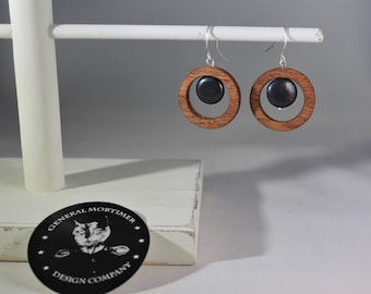 African Mahogany Wood Earrings with Tiger Iron Bead, Handmade Wood Jewelry