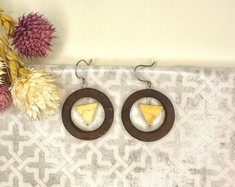 Walnut Wood Earrings with Yellow Jasper Down Pointing Triangle Bead, Handmade Wood Jewelry