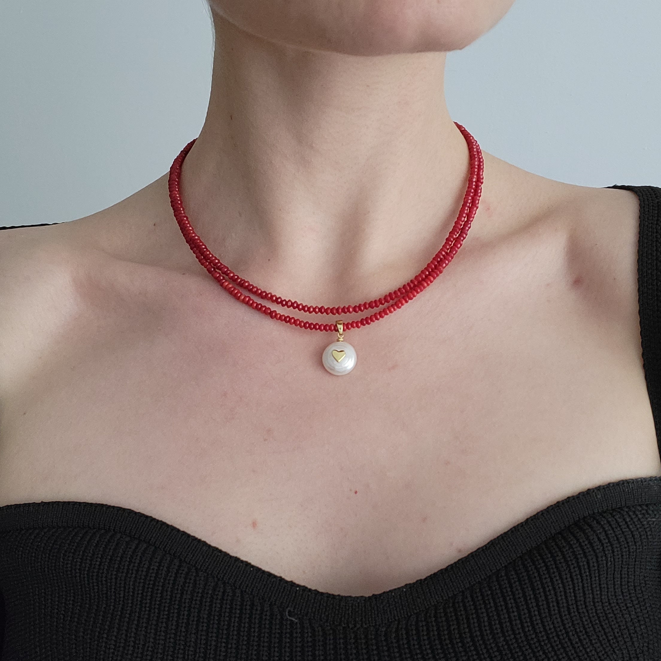 Pendant Necklace Red Coral Beads Beaded 