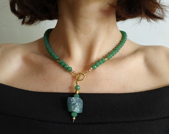 Collar con colgante de nefritis, joyería de cuello en V con cuentas de vidrio, joyería de piedras preciosas, regalo de piedra de nacimiento