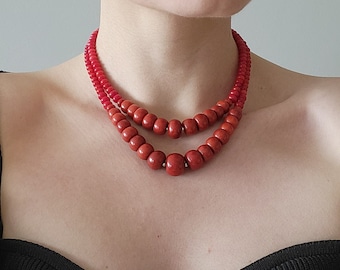 Red Bamboo Coral Necklace, Ukrainian Vintage Style, Ethnic Beaded Jewelry