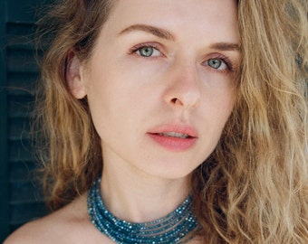 Collar de cuentas de cristal azul celeste, estilo vintage ucraniano