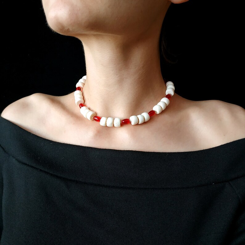 White Coral Necklace Red Glass Beads White Coral Jewelry Etsy