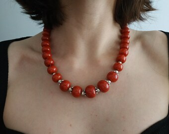 Coral Beaded Necklace, Vintage Ukrainian Style, Statement Jewelry