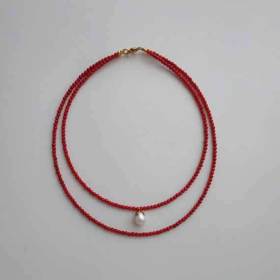 Red Coral Necklace With Pearl Pendant 