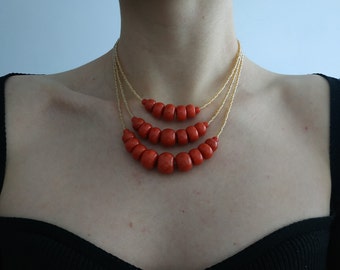 Orange Coral Beaded Necklace, Bohemian Ukrainian Style, Silk Ties
