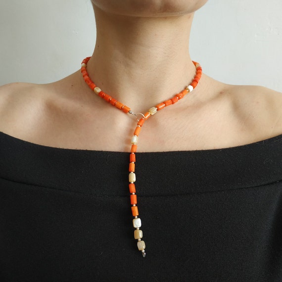 Lasso Necklace Coral and Mother of Pearls Jewelry V Neck Necklace Orange Coral Beads Lariat Necklace Coral Jewelry Sale Boho Necklace Etsy UK