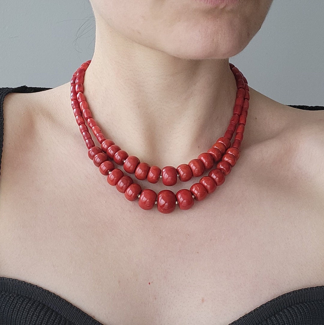 Collier De Grosses Perles En Corail Naturel Méditerranéen - Rose Orangé, Prestigieux