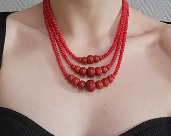 Multistrand Coral Necklace, Round Coral Beads, Ethnic Jewellery, Ukrainian Vintage Jewelry, Big Coral Beads, Gift For Mother, Christmas Gift