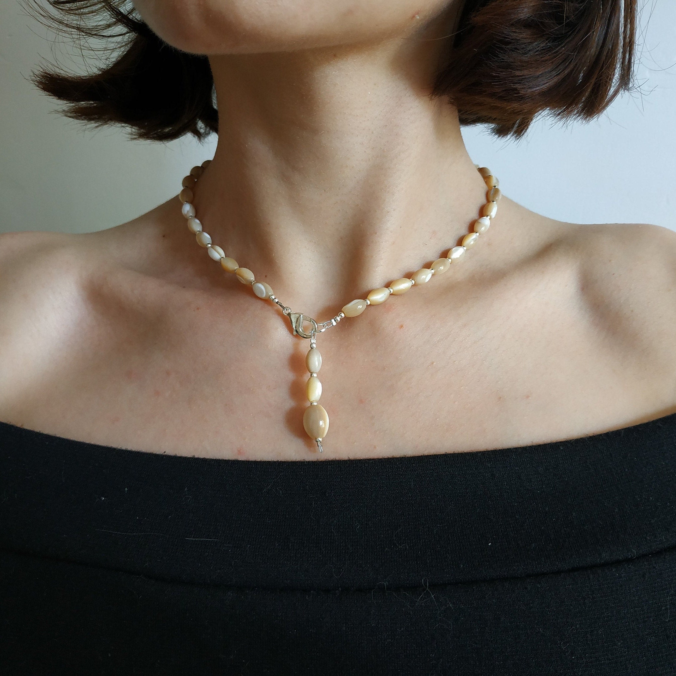 Pearl Necklace V Neck Pearls Nacre Beads Jewelry Lasso Pearls Etsy