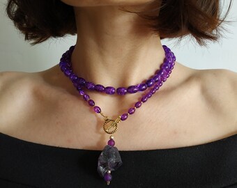 Joyas de amatista, collar largo con colgante, gargantilla de cuentas de amatista, collar en V, collar morado, joyas de amatista con piedras preciosas