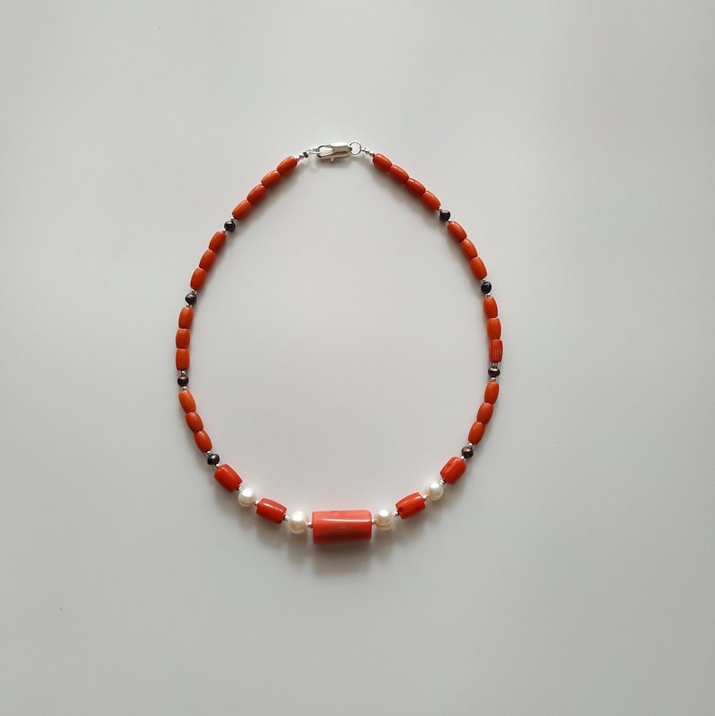 Coral Pearls Jewelry Natural Coral Necklace with White and Blue Pearls Minimalism Jewelry Vintage Necklace Gift For GirlFriend