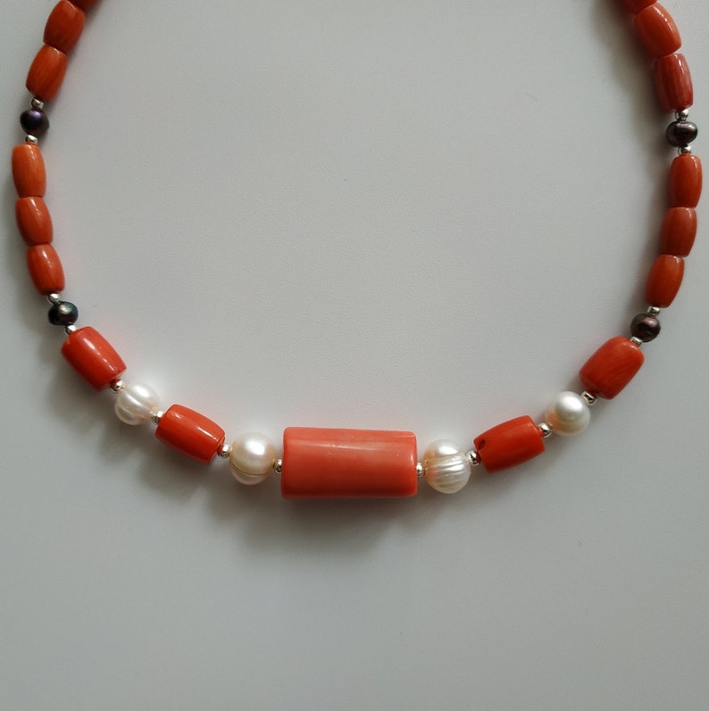 Coral Pearls Jewelry Natural Coral Necklace with White and Blue Pearls Minimalism Jewelry Vintage Necklace Gift For GirlFriend