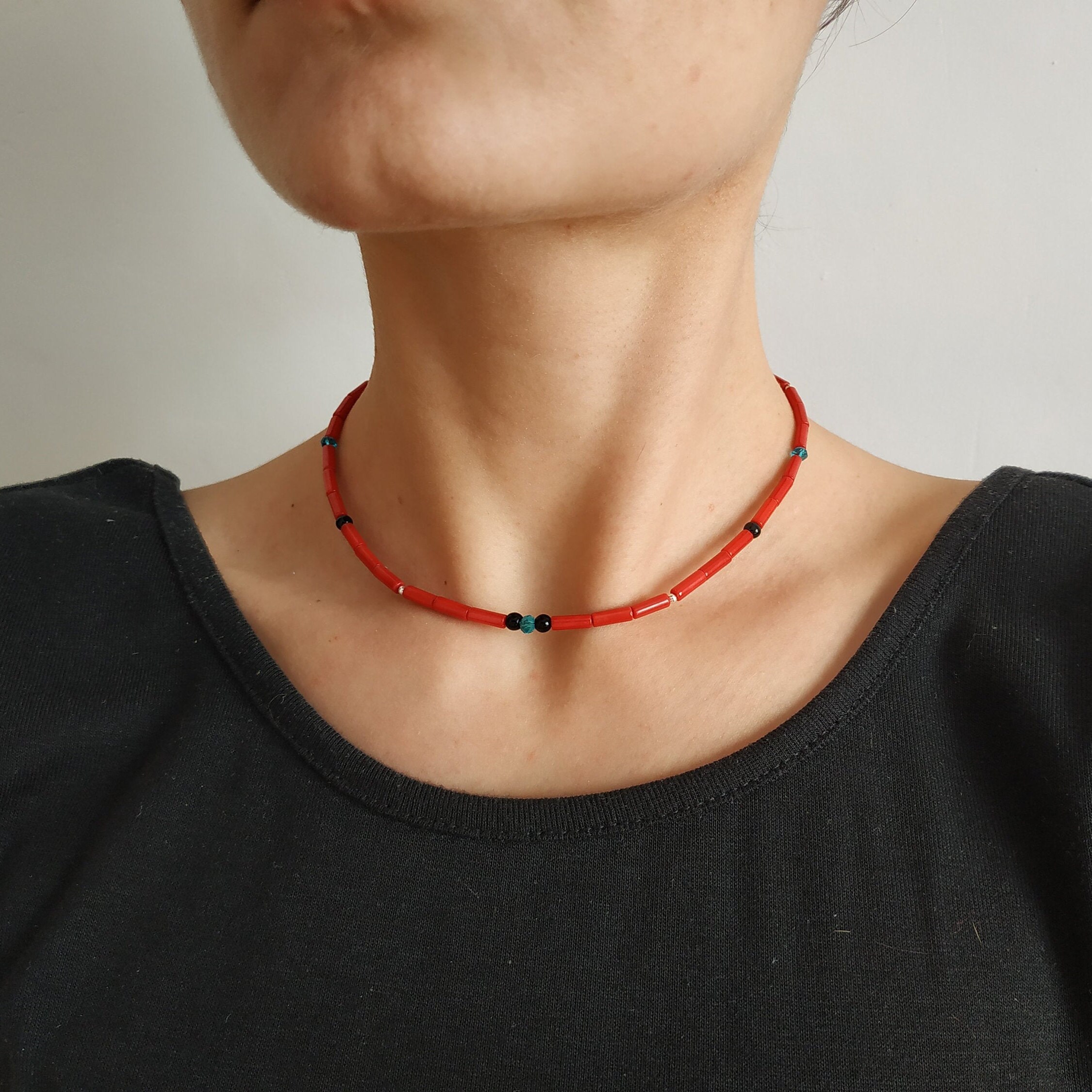 Unisex Necklace, Small Coral Beads, Necklace for Men, Surfer