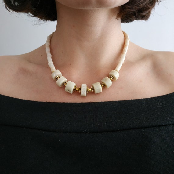Chunky White Coral Necklace, Gold Accent Gemstone Jewelry, Raw Coral, Ethnic Style