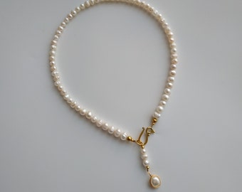 Pearl Pendant Necklace, Beaded Genuine Pearls With Gold Accent, V