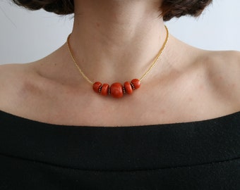 Minimalist Necklace, Coral Beaded Choker, Vintage Style Necklace, One Strand Corals Choker, Glass Beaded Jewelry, Gift For Girlfriend