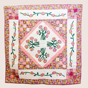 Hand appliqued quilt, soft florals, "Flower Garden Quilt"