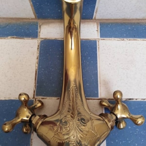 Beautiful long Hand engraved Moroccan brass gold colour chunky mixer wash basin tap