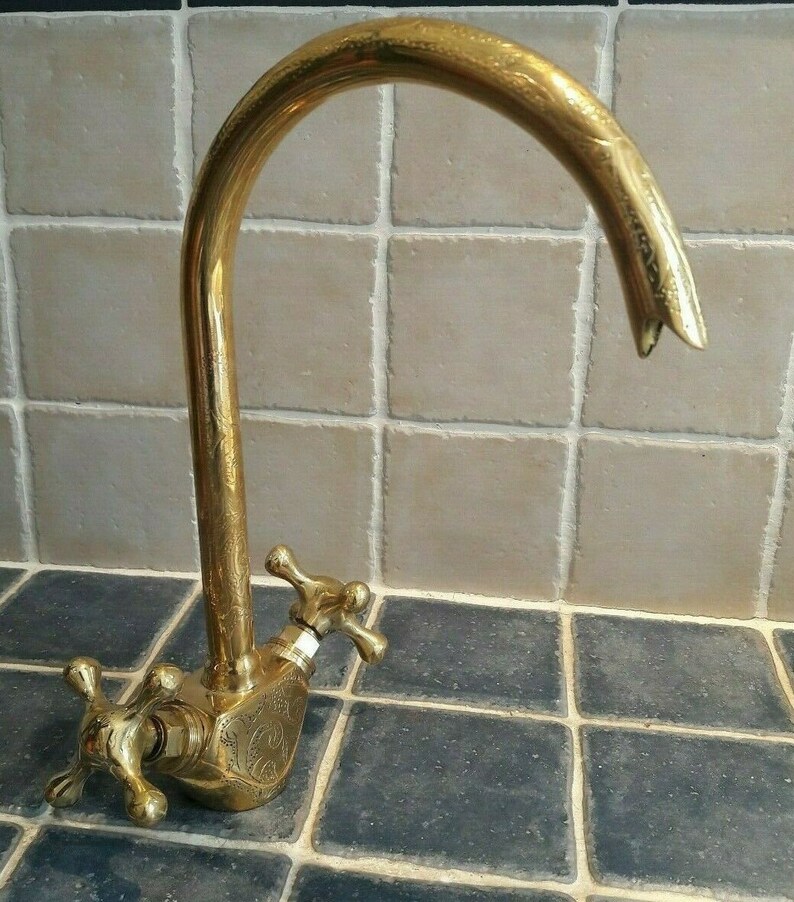 Moroccan handmade Faucet Swan Neck Brass Copper Engraved image 2