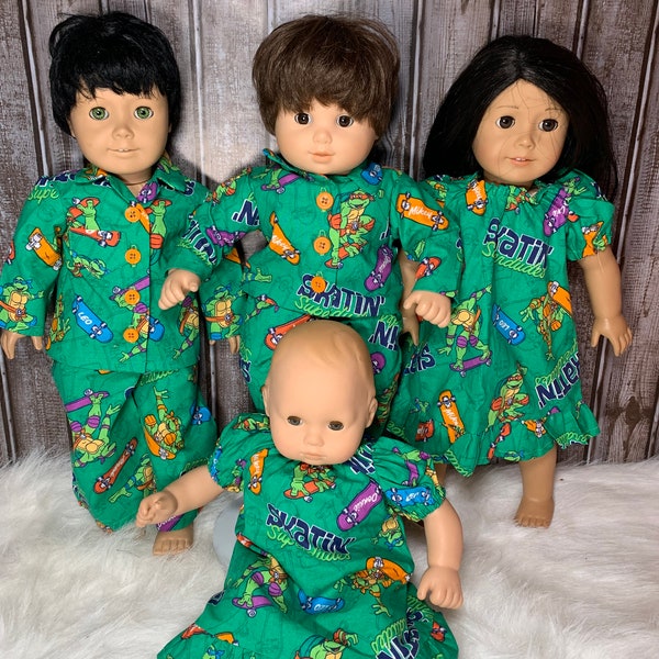 NEW Green TMNT Cotton Nightgown or Pajama Set American Girl, Bitty Baby/Bitty Twin, Welie Wishers 18, 15, & 14.5-inch Doll Clothing PJ