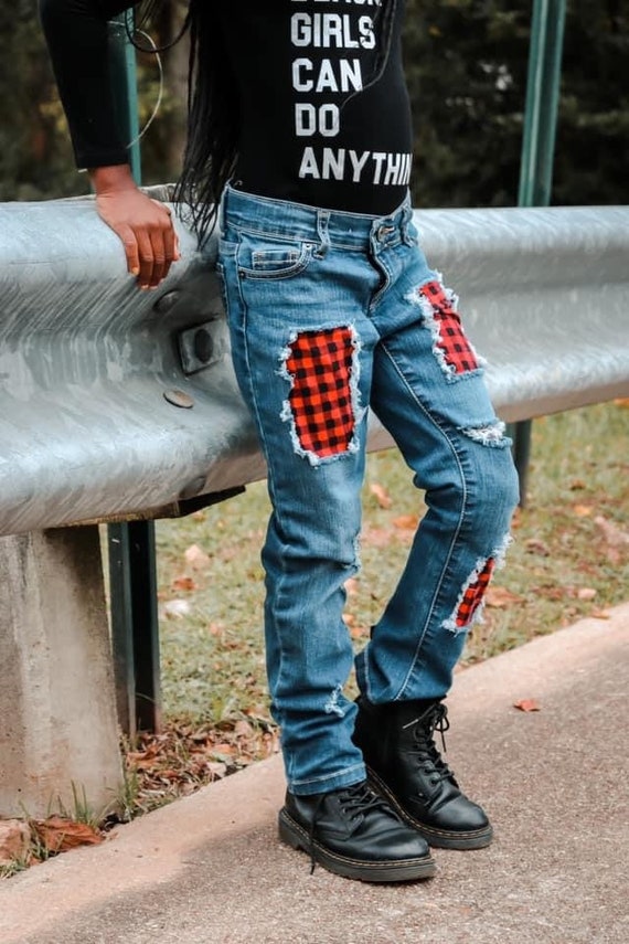 Buffalo Plaid Distressed Denim Girls 
