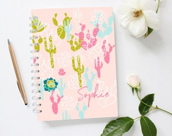 Personalized Notebook Cover, Cactus Notebook, Monogram Notebook, Spiral Notebook, Pink Notebook, Cute Notebook,