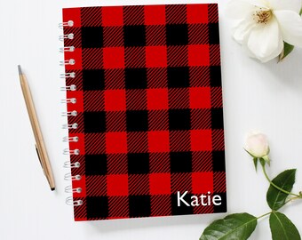 Personalized Red Plaid Notebook, Personalized Notebook, Buffalo Plaid Notebook, Red Notebook,
