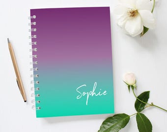 Personalized Notebook Cover, Ombre Notebook, Monogram Notebook, Purple Notebook on Lined Paper, Mint Spiral Notebook,