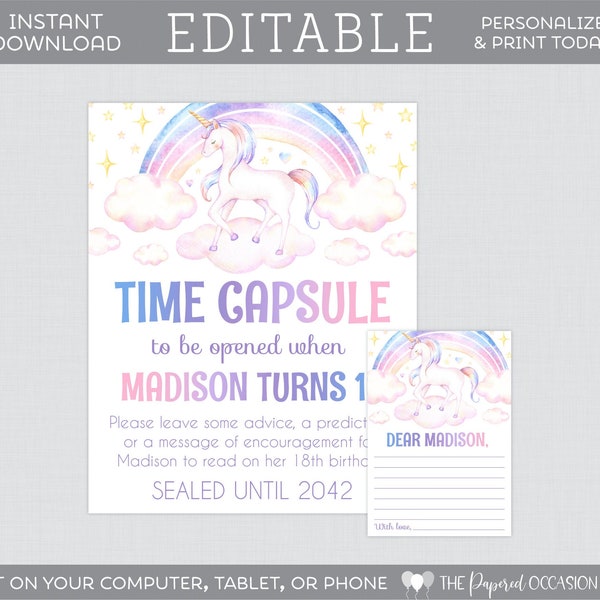 Editable Unicorn Birthday Time Capsule Sign and Cards - Printable Rainbow Unicorn Themed Time Capsule Activity, Unicorn Wishes Advice 0011