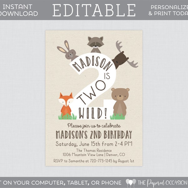 Editable Two Wild Woodland Birthday Party Invitations - Printable 2nd Birthday Woodland Animal Themed Invite, Two Wild Instant Download 0010