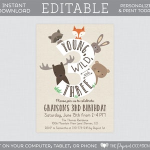 Editable Young Wild and Three Woodland Birthday Party Invitations - Printable 3rd Birthday Woodland Animal Themed Instant Download 0010