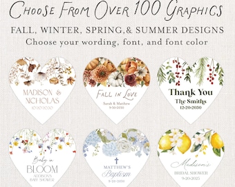PRINTED Heart Shaped Stickers - Choose Your Season Themed Graphic, Fonts, Font Colors - Personalized Heart Shaped Favor Sticker Labels 0074