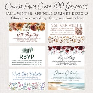 May include: A promotional image for wedding stationery, showcasing various design options. The text reads "Choose From Over 100 Graphics" with seasonal themes. Examples include gift registry, RSVP, and website details, with floral and beach-themed designs.