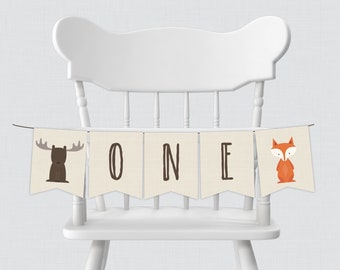 Instant Download Woodland High Chair Banner - Printable Woodland Animal Themed First Birthday High Chair ONE Banner - Fox, Moose, Bear 0010