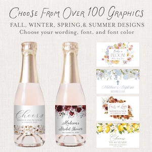 May include: Two champagne bottles with custom labels. One label reads "Cheers" with floral accents, the other says "Madison's Bridal Shower" with burgundy floral design. Additional label designs are shown.