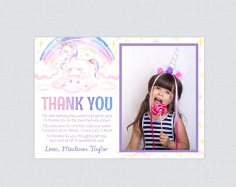 Printed or Printable Photo Thank You Cards - Unicorn Birthday Party Thank You Notes with Picture - Personalized Rainbow Unicorn Cards 0011