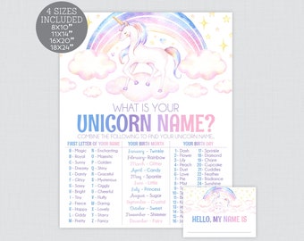 Instant Download What is Your Unicorn Name Sign and Name Tags - Rainbow Unicorn Themed Birthday Party Activity - Unicorn Name Game 0011